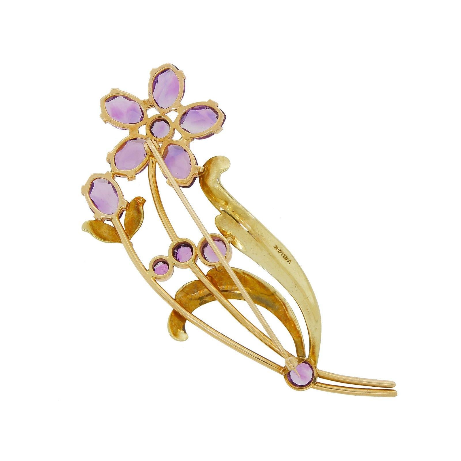  Beautiful early Wordley Allsopp & Bliss floral spray pin made out a 14k yellow gold with perfectly matched glittering Amethysts. 
This is one of their larger pieces that measures just over 3 inches long and it is quite heavy too - over 15