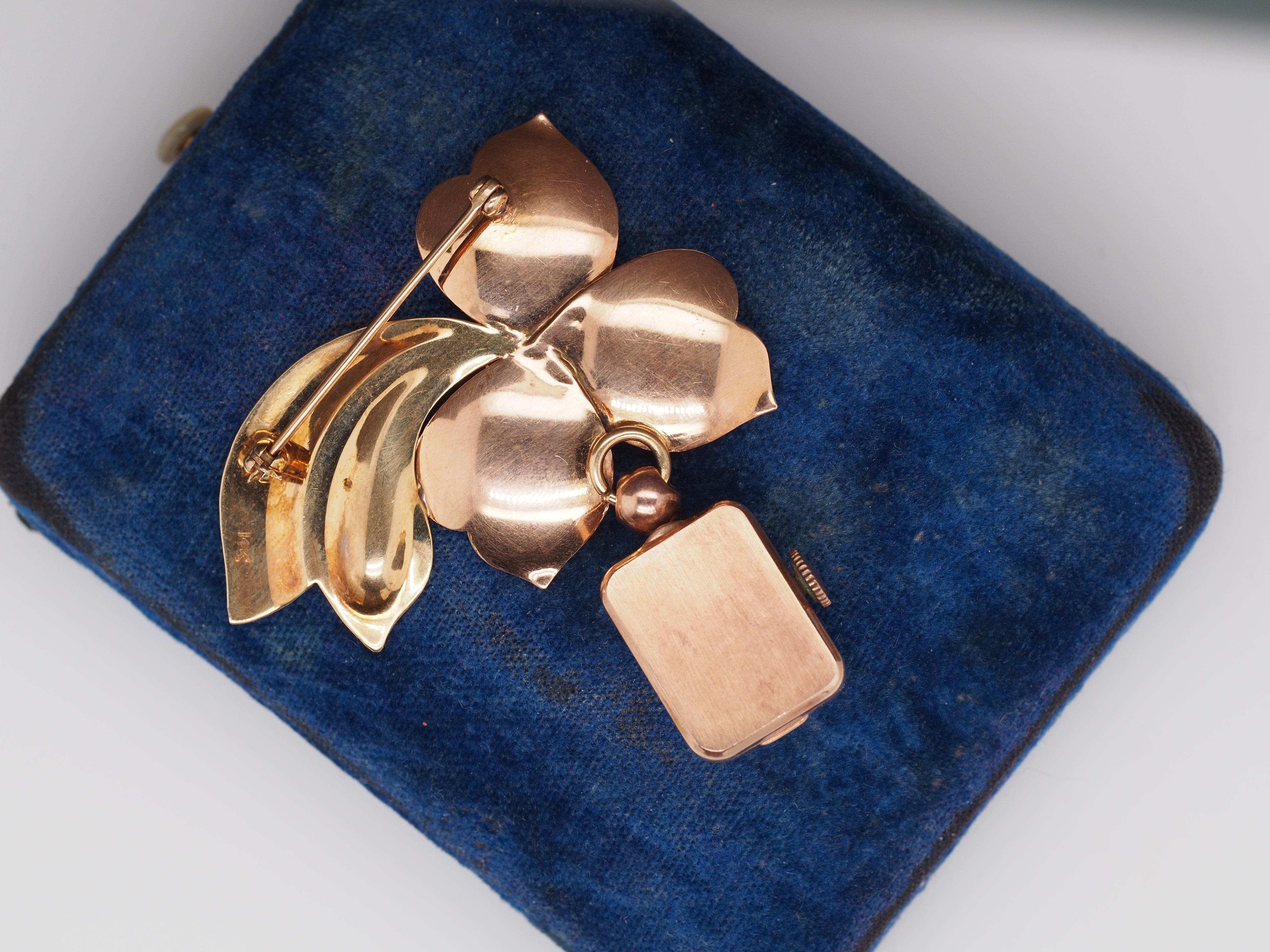 Women's 1940s 14K Rose and Yellow Gold Watch Brooch and Pin For Sale