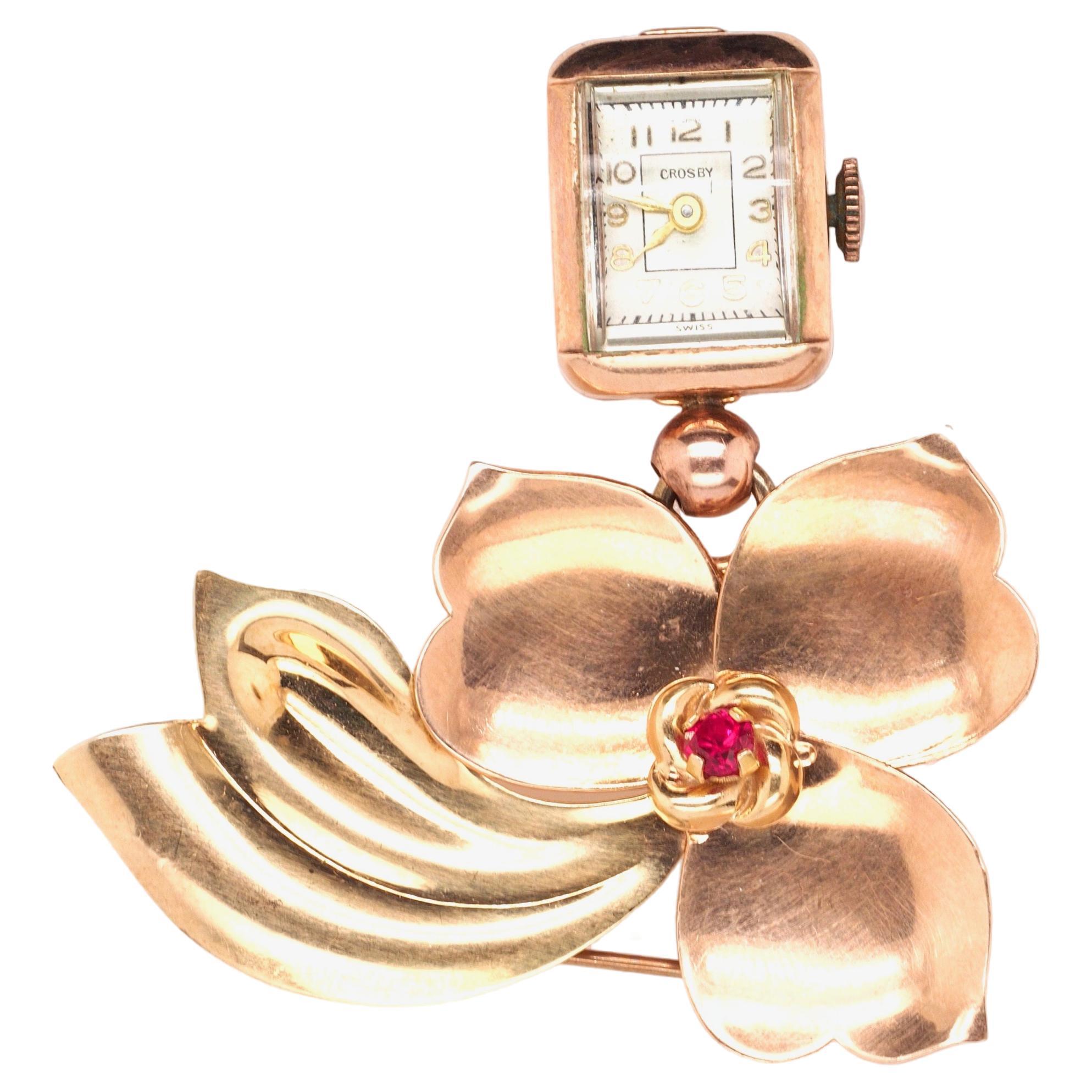 1940s 14K Rose and Yellow Gold Watch Brooch and Pin For Sale