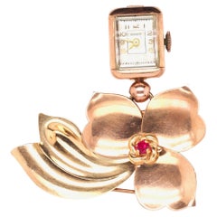 Broche et épingle de montre en or rose et jaune 14 carats des années 1940