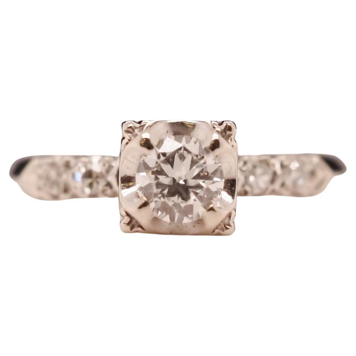 1940s 14K White Gold .40ct Old European Cut Diamond Engagement Ring For Sale