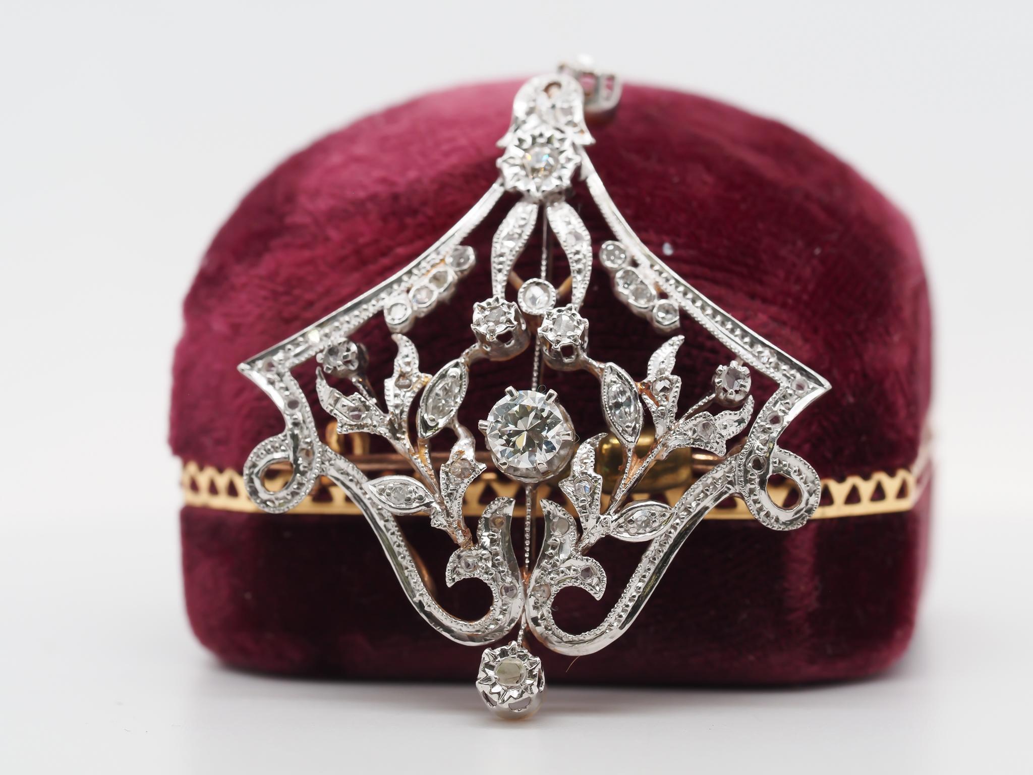Art Deco 1940s 14K Yellow Gold and White Gold Old European Diamond Pendant and Brooch For Sale