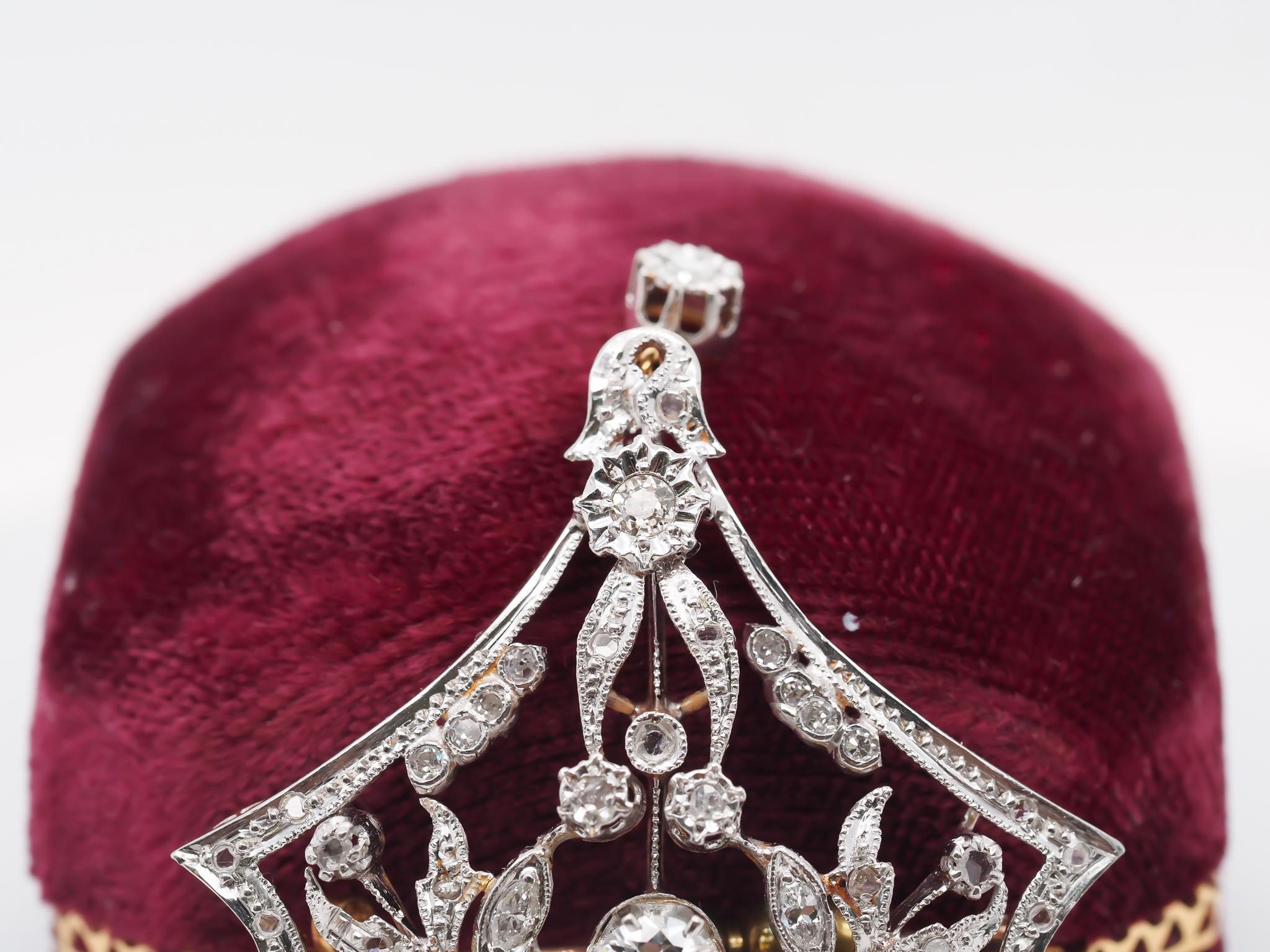 Women's 1940s 14K Yellow Gold and White Gold Old European Diamond Pendant and Brooch For Sale
