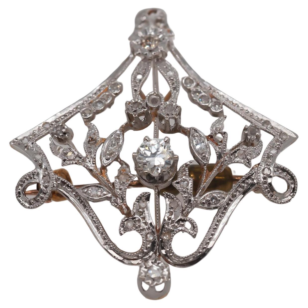 1940s 14K Yellow Gold and White Gold Old European Diamond Pendant and Brooch