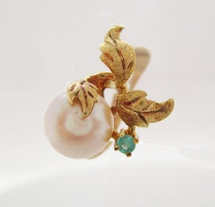 1940s 14 Karat Yellow Gold Pearl Emerald Hand Engraved Leaf Earrings