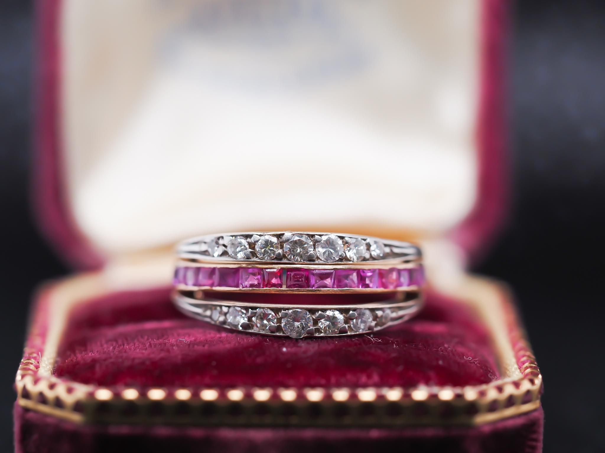 Year: 1940s
Item Details:
Ring Size: 7.25
Metal Type: 14k Yellow Gold [Hallmarked, and Tested]
Weight: grams
Diamond Details:
Side Stone Details: Ruby, Sapphire and Diamonds. All Natural.
Band Width: 2.5mm a single band, all 3 stacked is