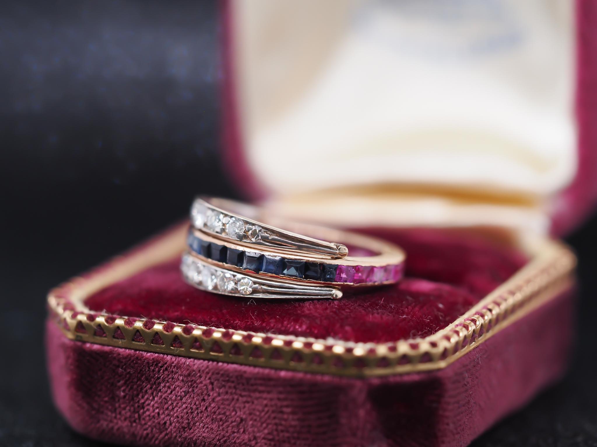 Women's 1940s 14K Yellow Gold Ruby, Sapphire and Diamond Flip Ring For Sale