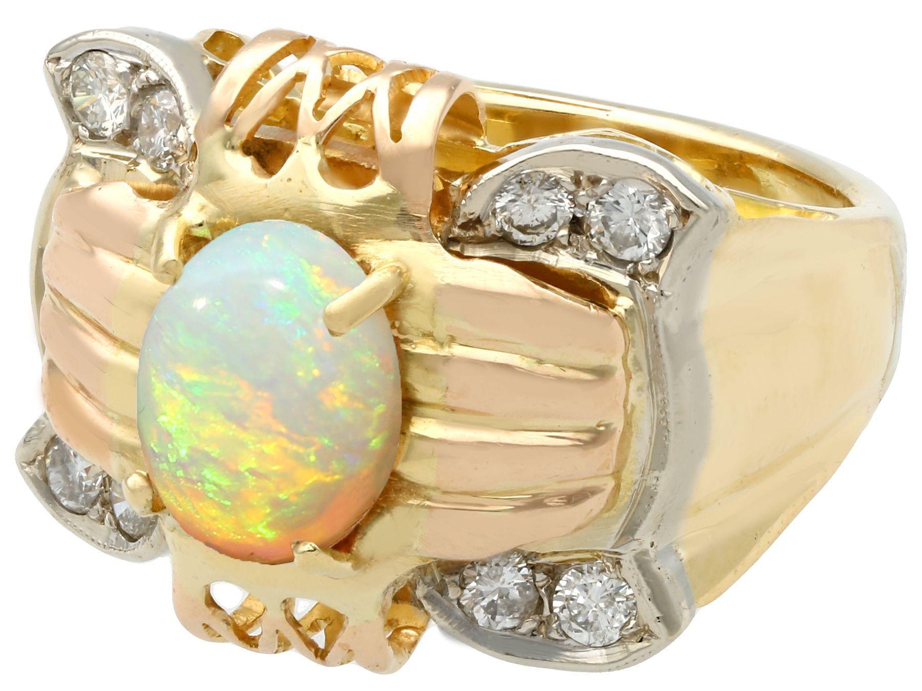 Oval Cut 1940s 1.55 Carat Opal and Diamond Yellow Rose and White Gold Cocktail Ring