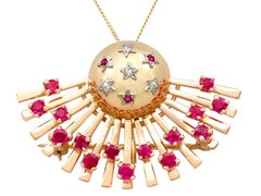 1940s 1.55 Carat Ruby and Diamond Rose Gold Brooch Pendant