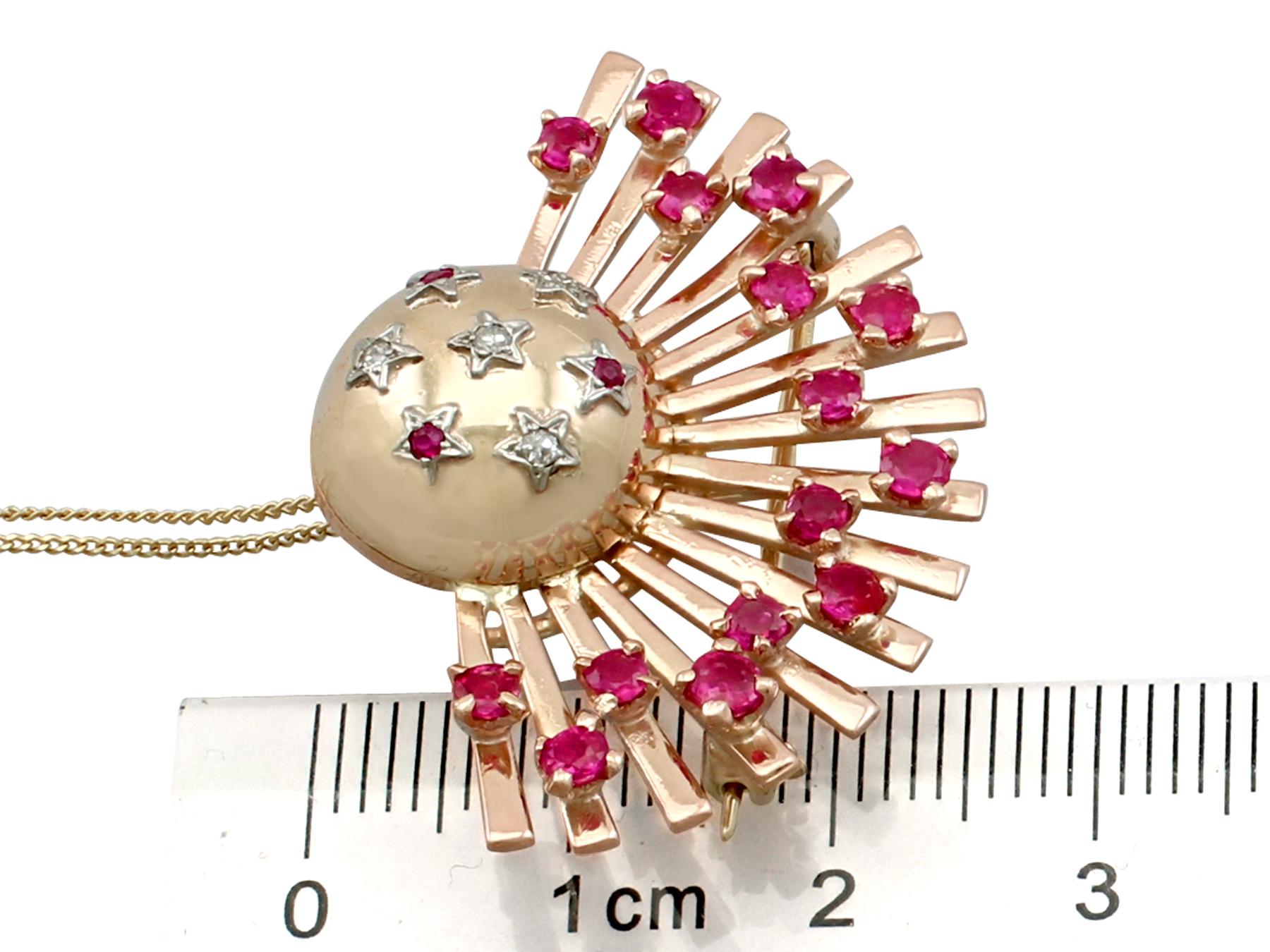 1940s 1.55 Carat Ruby and Diamond Rose Gold Brooch Pendant 4