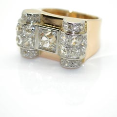 1940s 18 Karat Gold and Platinum French Tank Ring, 3.60 Carat Diamonds