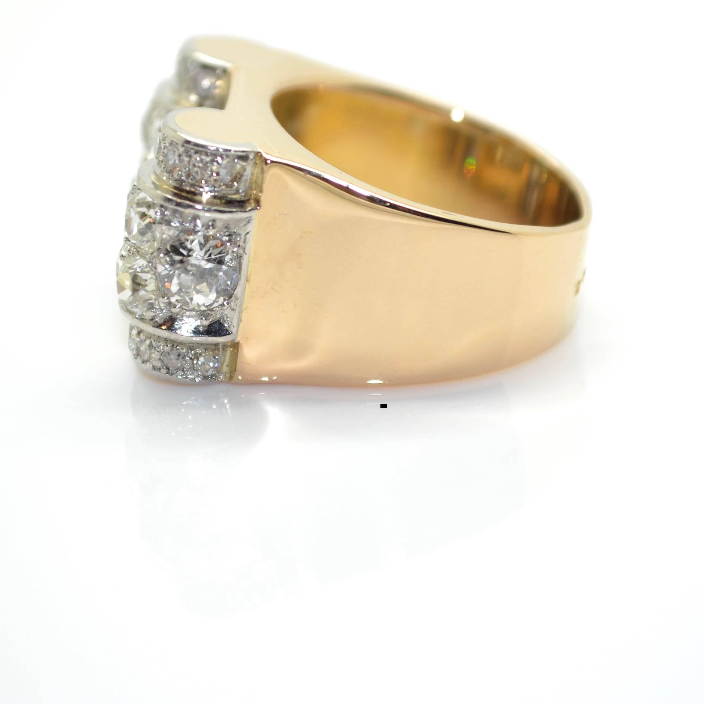 Art Deco 1940s 18 Karat Gold and Platinum French Tank Ring, 3.60 Carat Diamonds