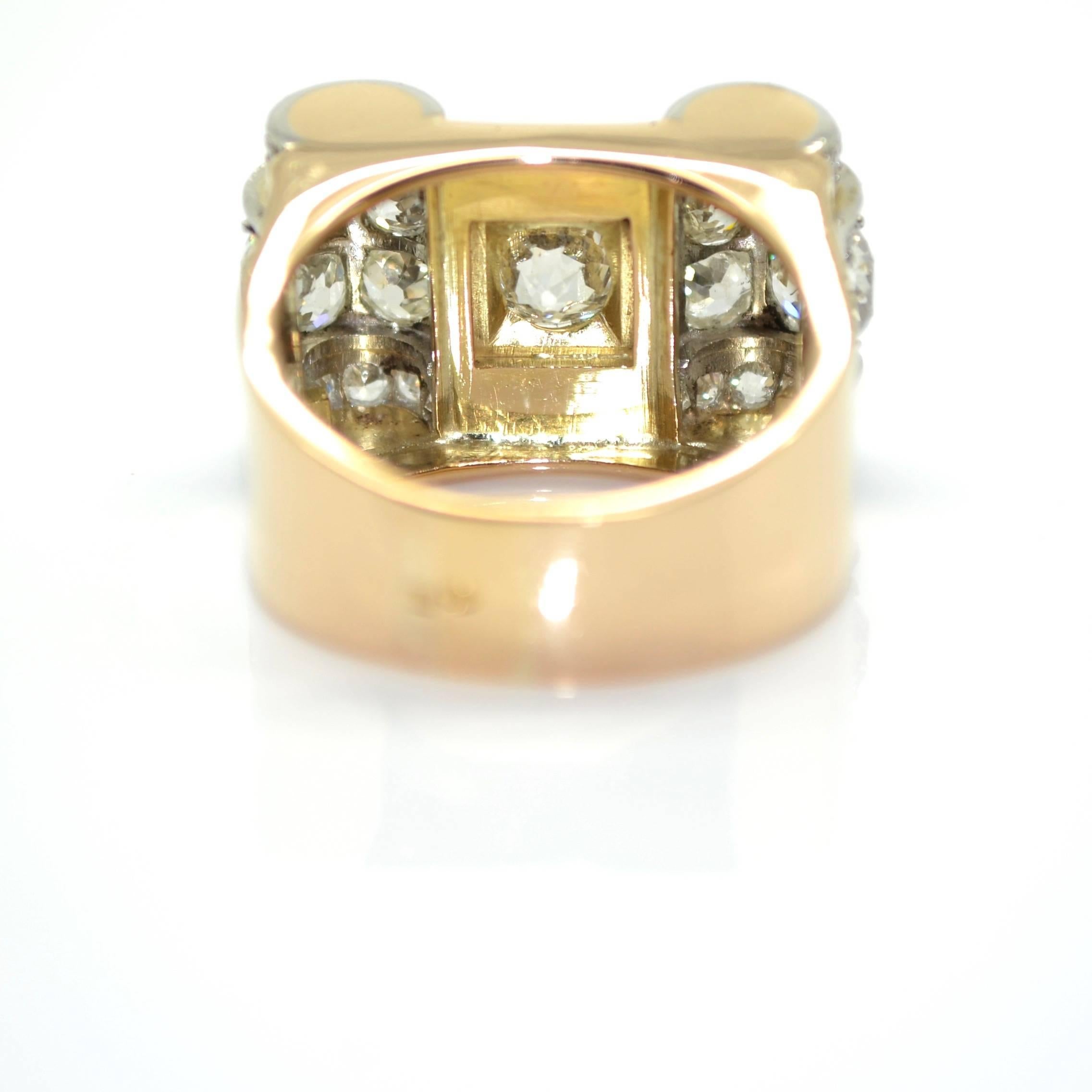 Old European Cut 1940s 18 Karat Gold and Platinum French Tank Ring, 3.60 Carat Diamonds