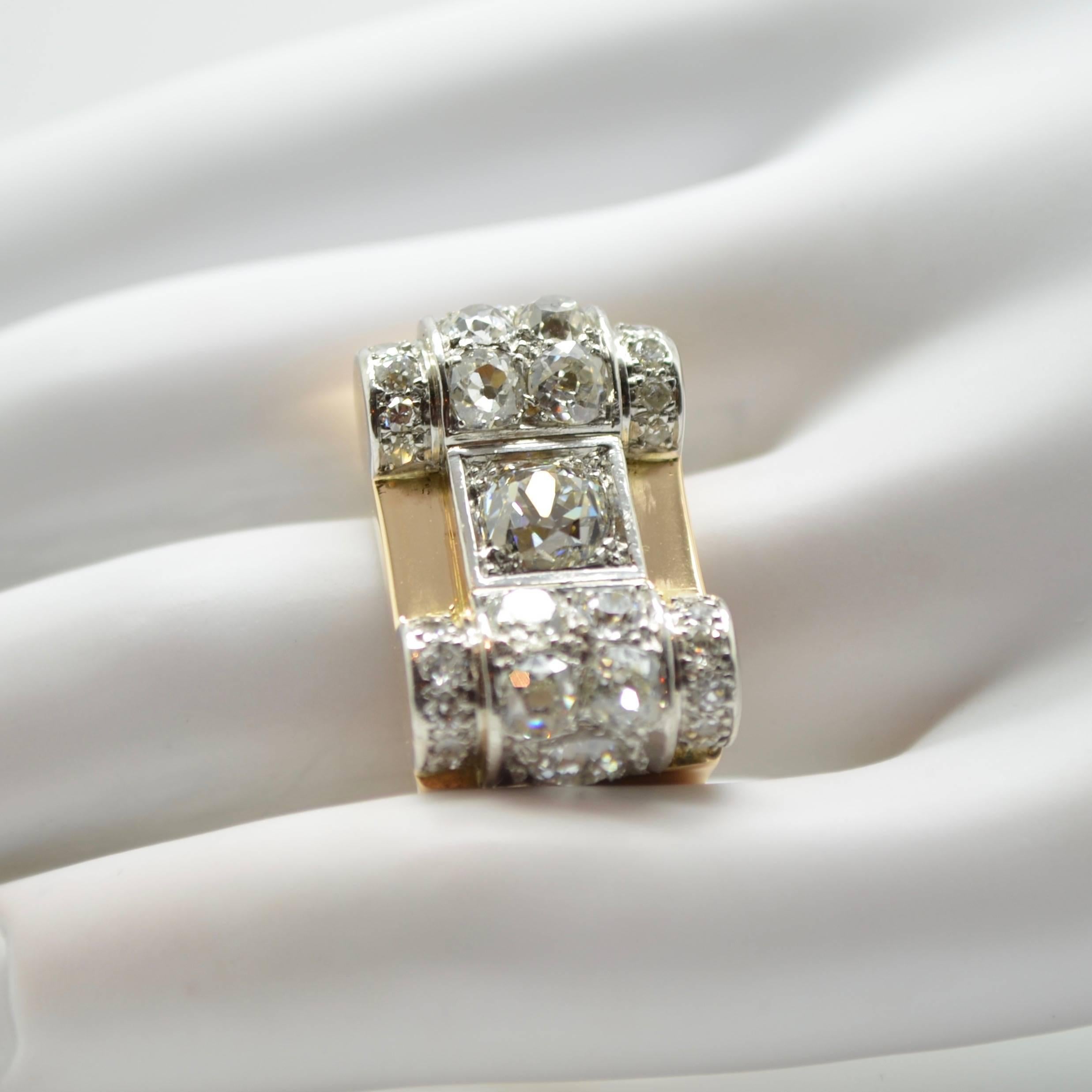 Women's 1940s 18 Karat Gold and Platinum French Tank Ring, 3.60 Carat Diamonds