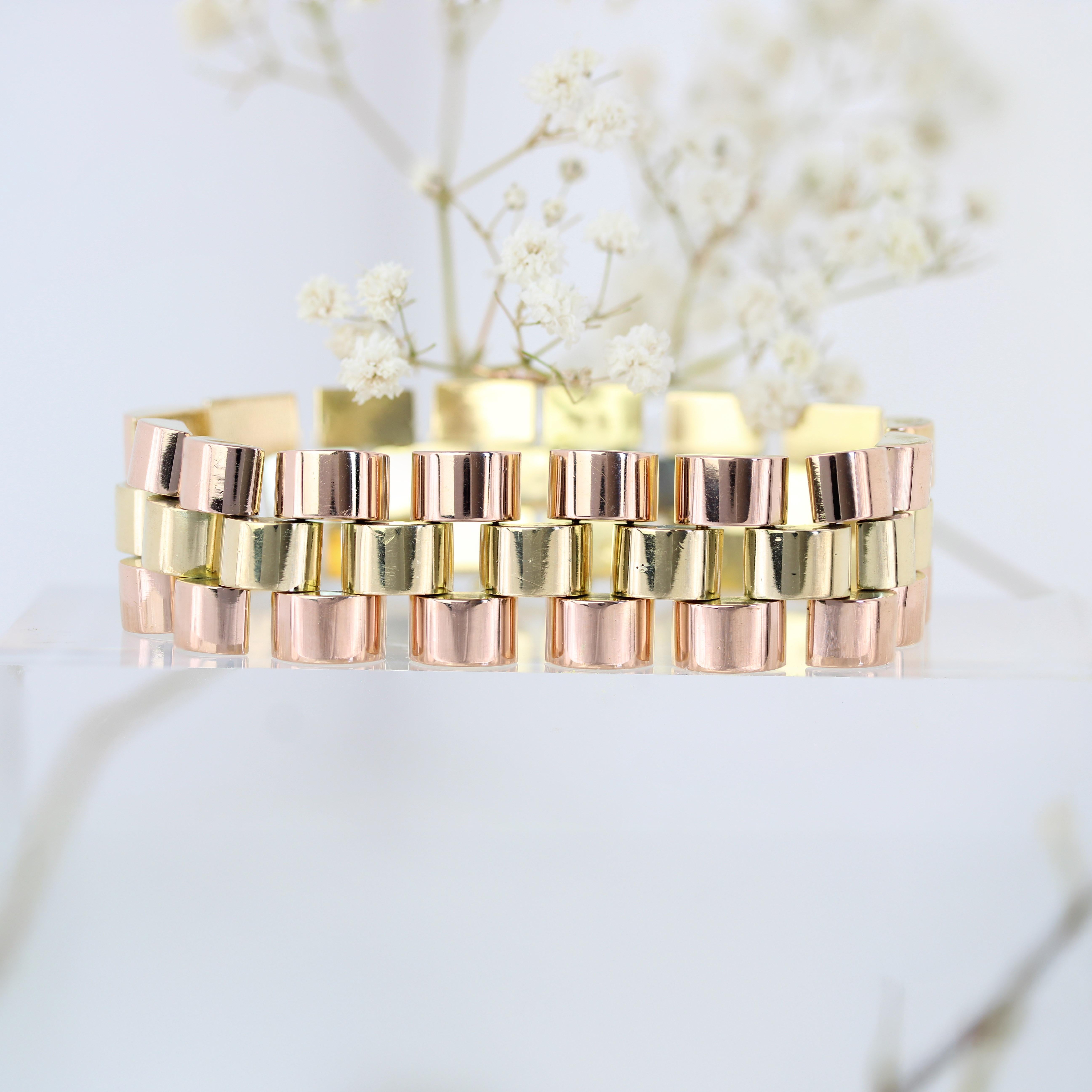 Retro 1940s 18 Karat Rose Yellow Gold Tank Bracelet For Sale