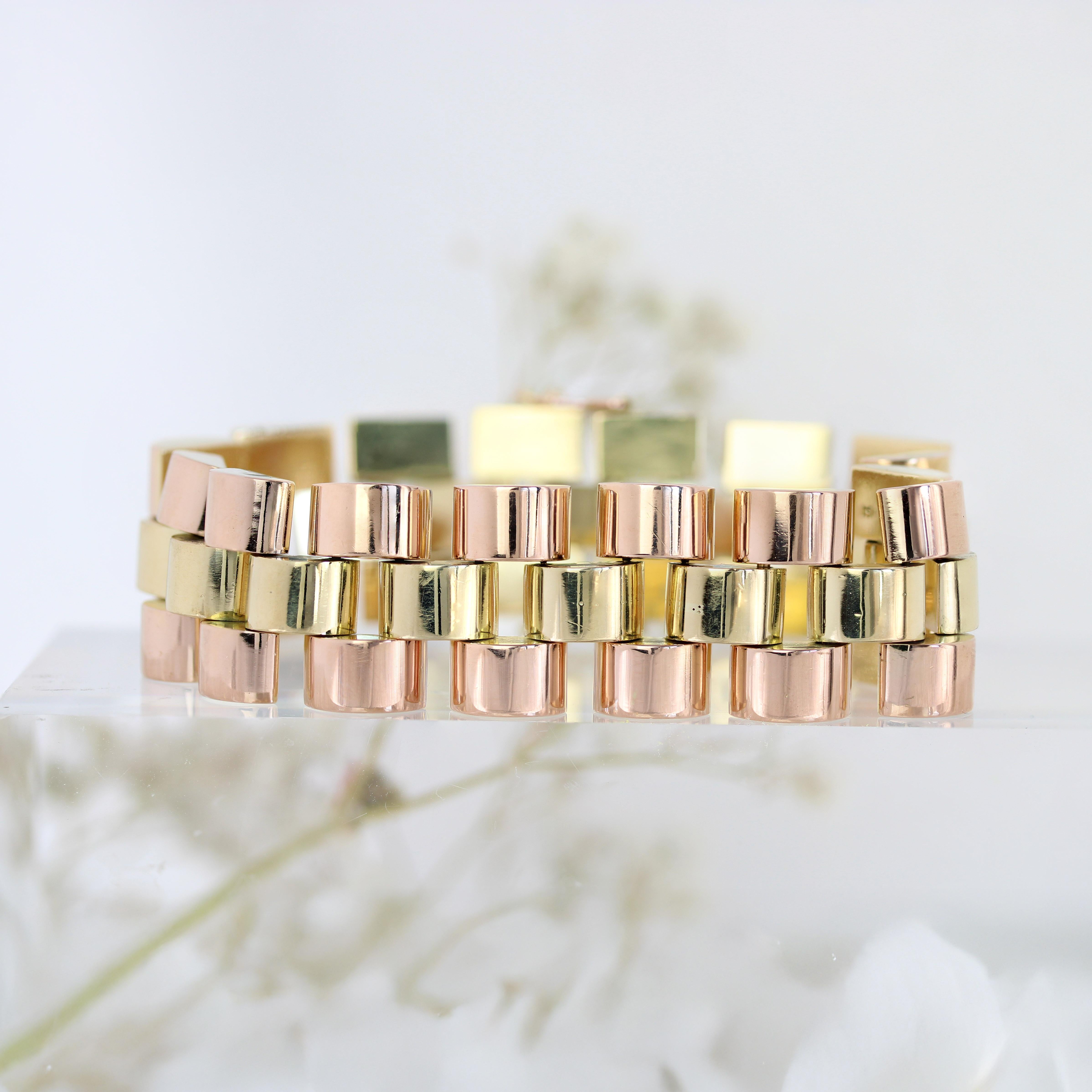 1940s 18 Karat Rose Yellow Gold Tank Bracelet For Sale 2