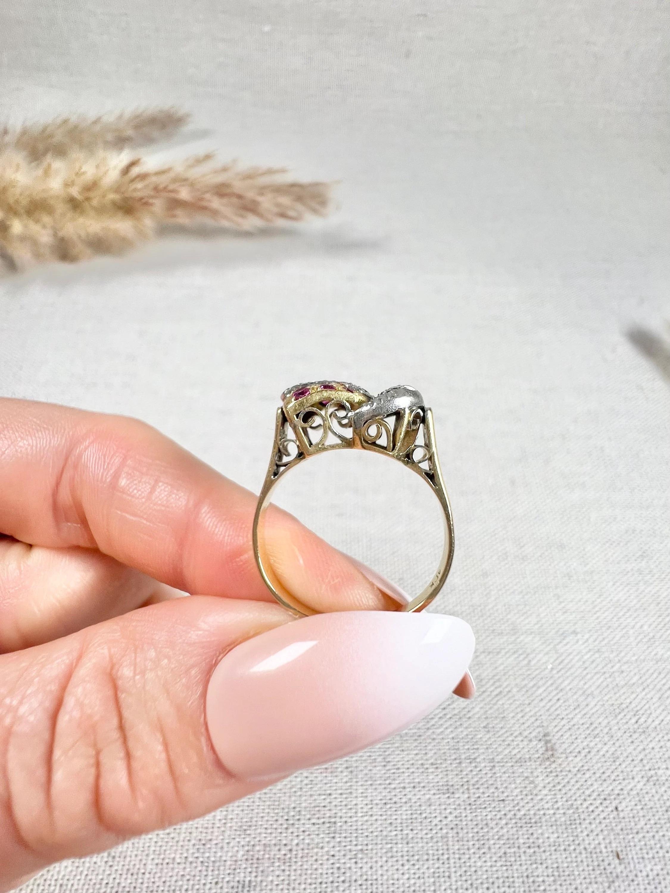 Old European Cut 1940s, 18ct Yellow & White Gold Ruby & Diamond Set Buckle / Belt Cocktail Ring For Sale