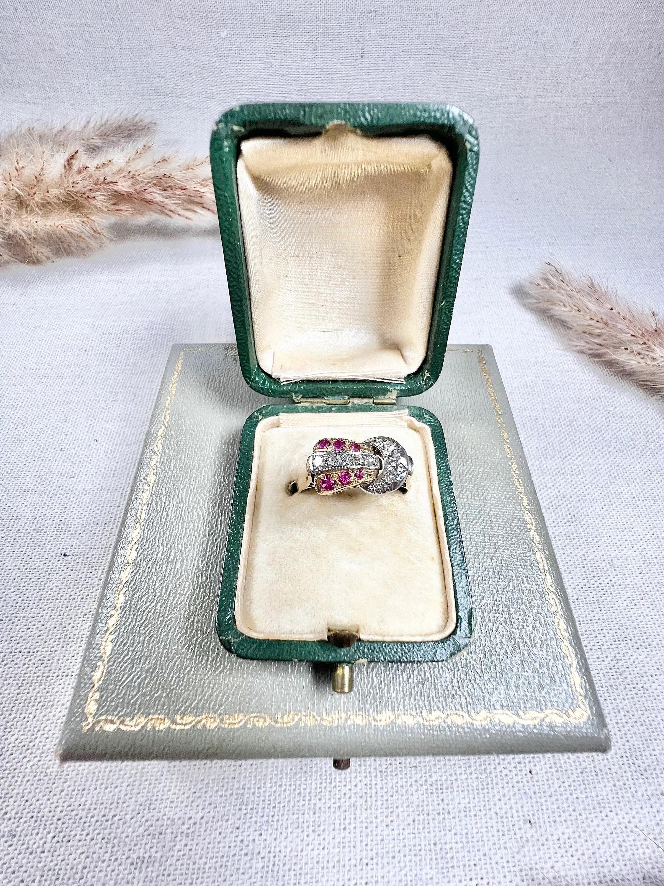 1940s, 18ct Yellow & White Gold Ruby & Diamond Set Buckle / Belt Cocktail Ring For Sale 1