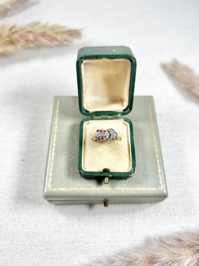 1940s, 18ct Yellow & White Gold Ruby & Diamond Set Buckle / Belt Cocktail Ring For Sale 2