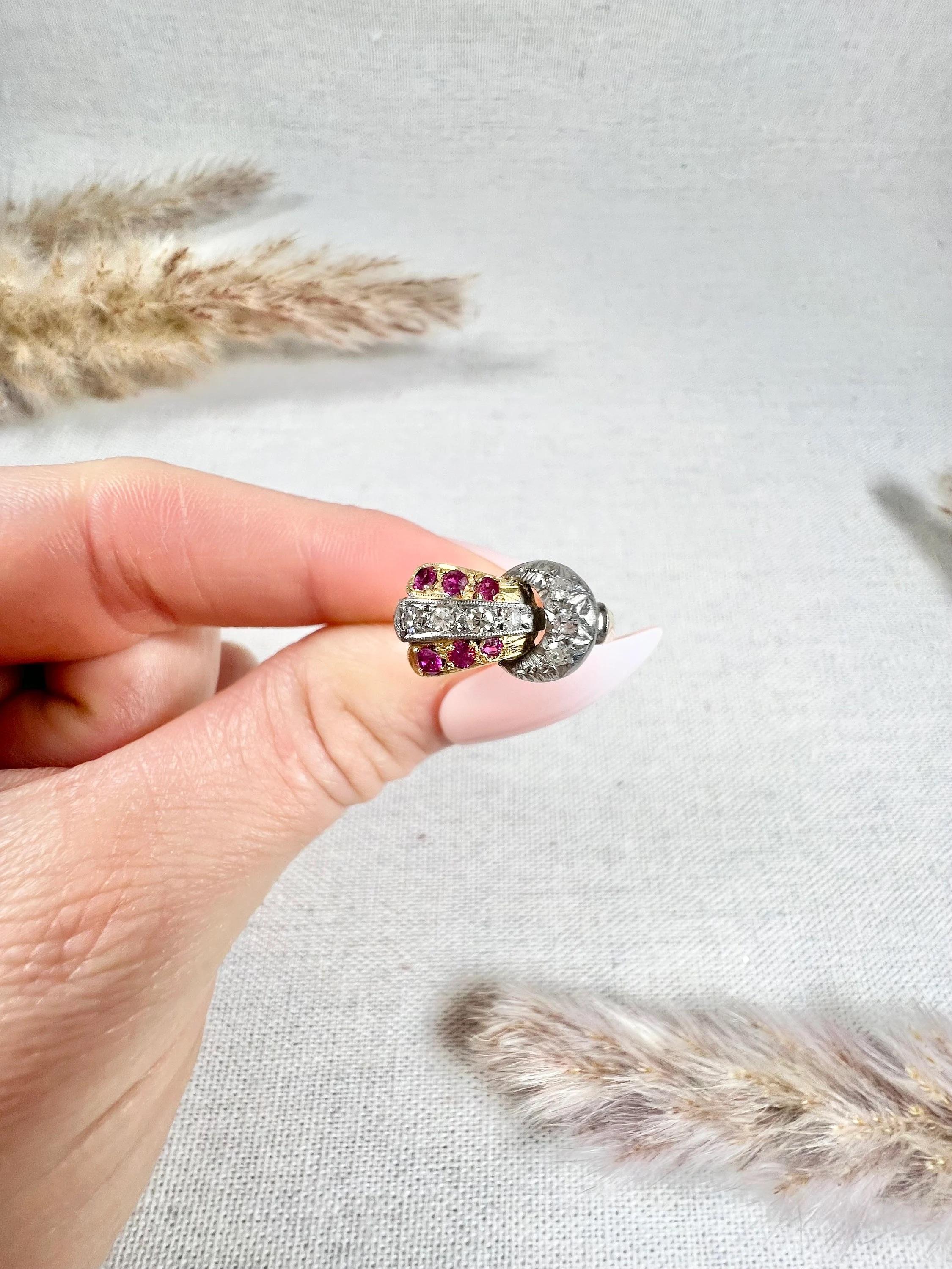 1940s, 18ct Yellow & White Gold Ruby & Diamond Set Buckle / Belt Cocktail Ring For Sale 4