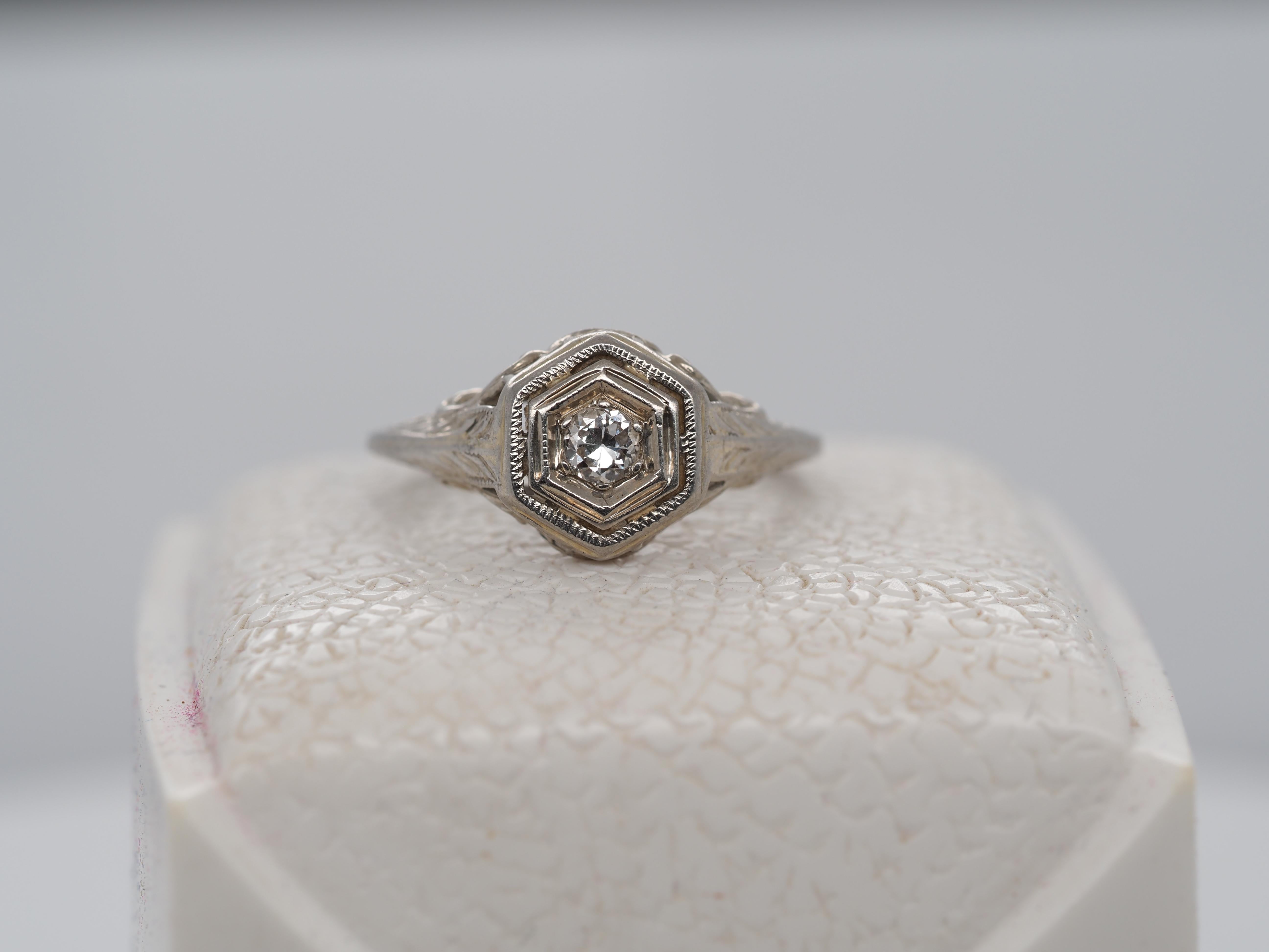 Item Details:
Ring Size: 5
Metal Type: 18k White Gold [Hallmarked, and Tested]
Weight: 2.5 grams
‌
Diamond Details:
Weight: .10ct
Cut: Old European Cut
Clarity: VS
Color: G
‌
Band Width: 1.5 mm
Condition: Excellent