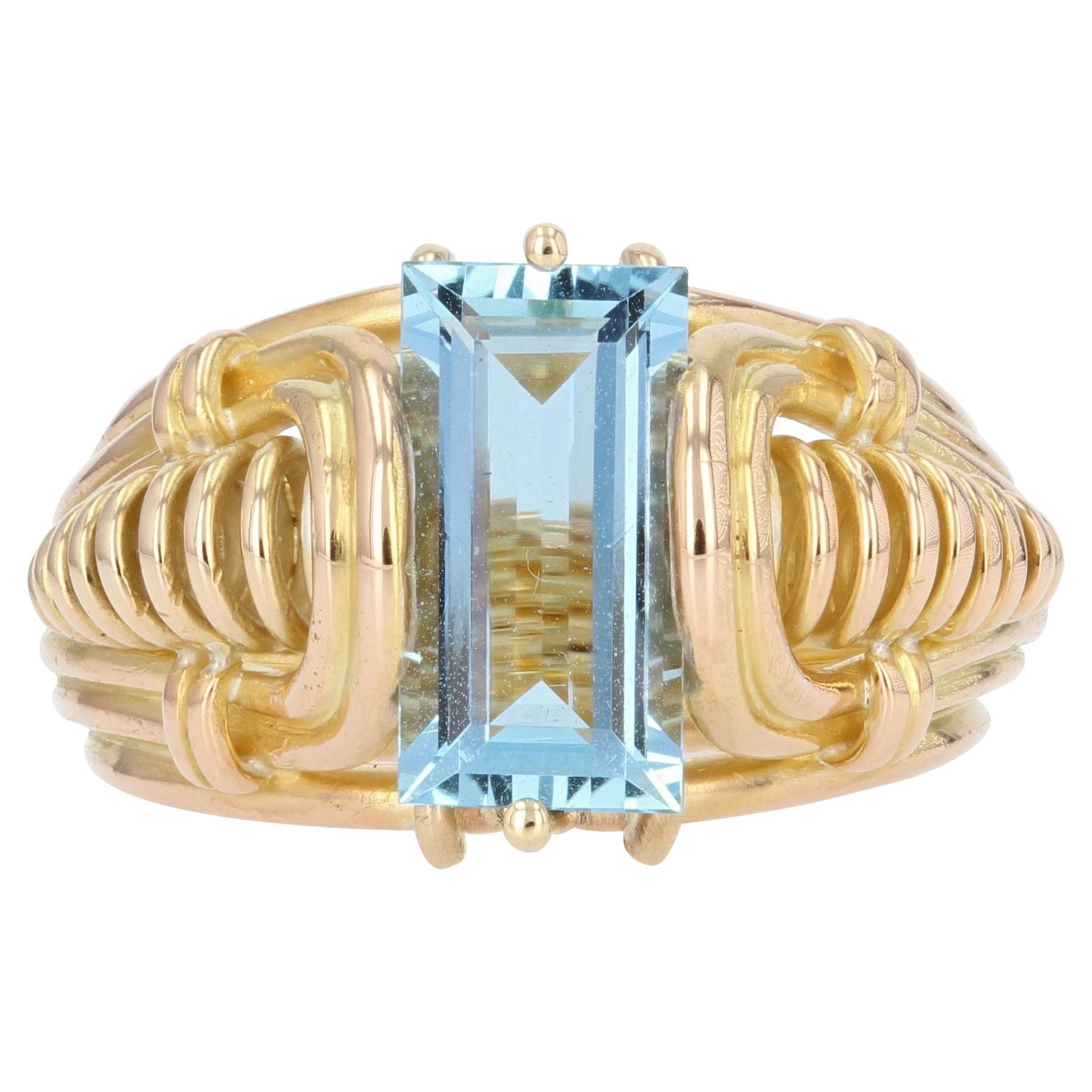 Bague rétro en or jaune 18 carats avec aigue-marine de 1,90 carat, années 1940