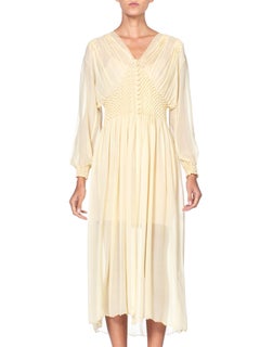 1940S Buttercream Yellow Sheer Silk Chiffon Couture Hand Stitched Peignoir Robe