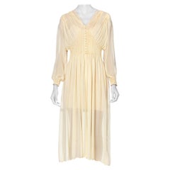 1940S Buttercream Yellow Sheer Silk Chiffon Couture Hand Stitched Peignoir Robe