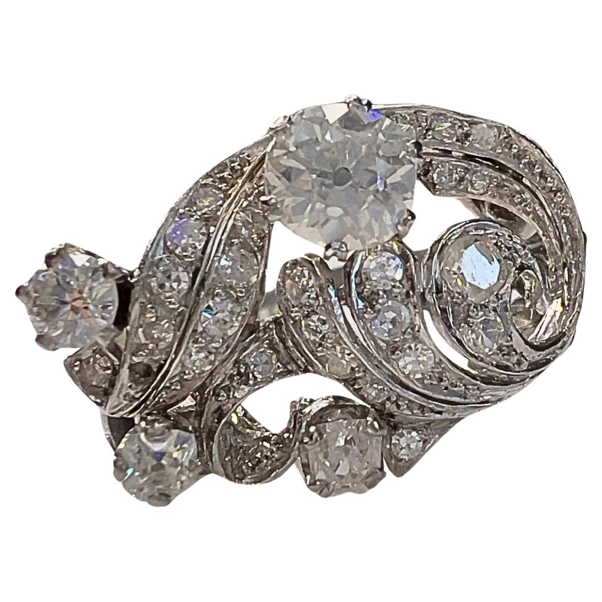 1940s-1945 Retro Style with Antique and Single-Cut Diamonds Platinum Ring For Sale