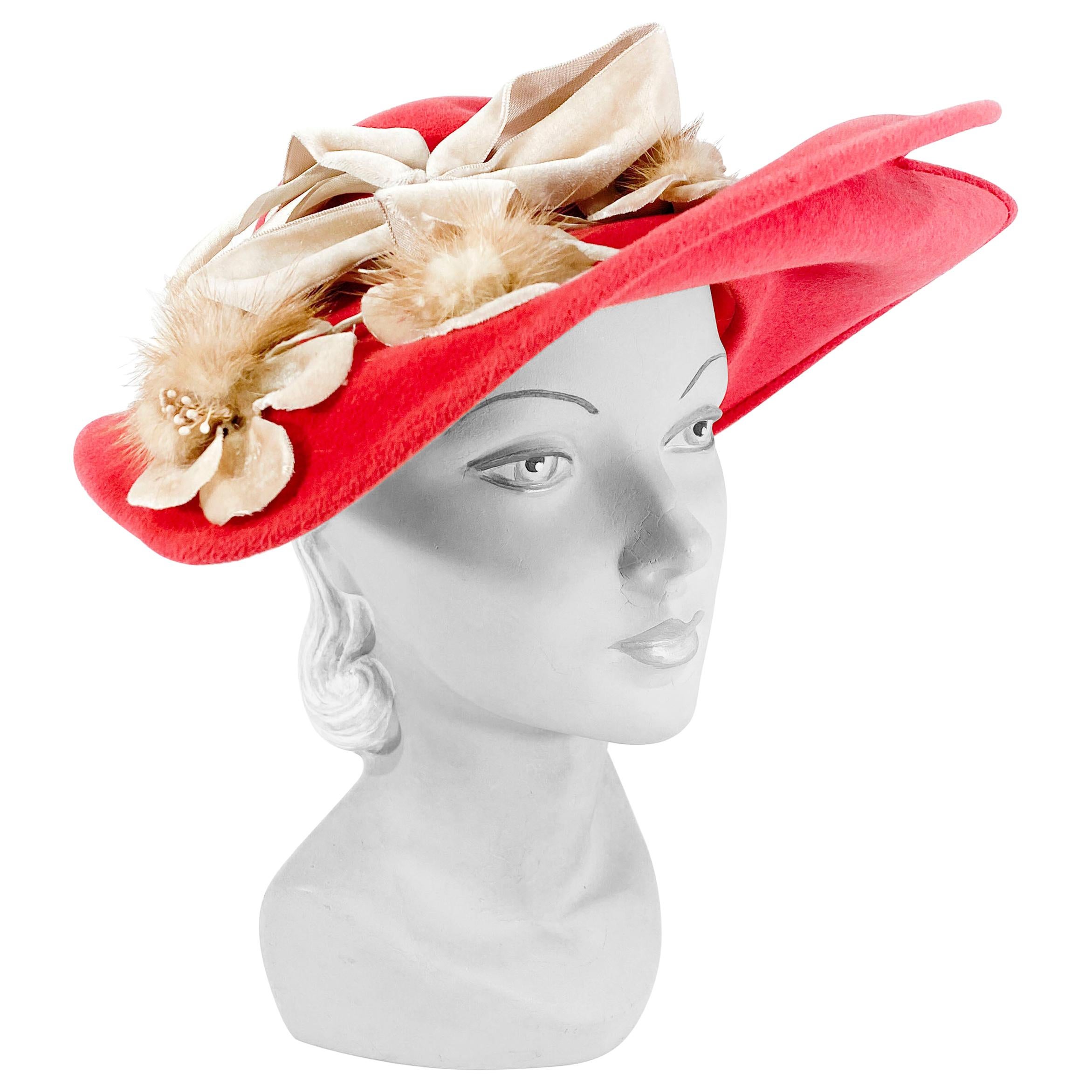 1940s/1950s Deep Rose Hand Sculpted Picture Hat with Mink and Velvet Flowers For Sale