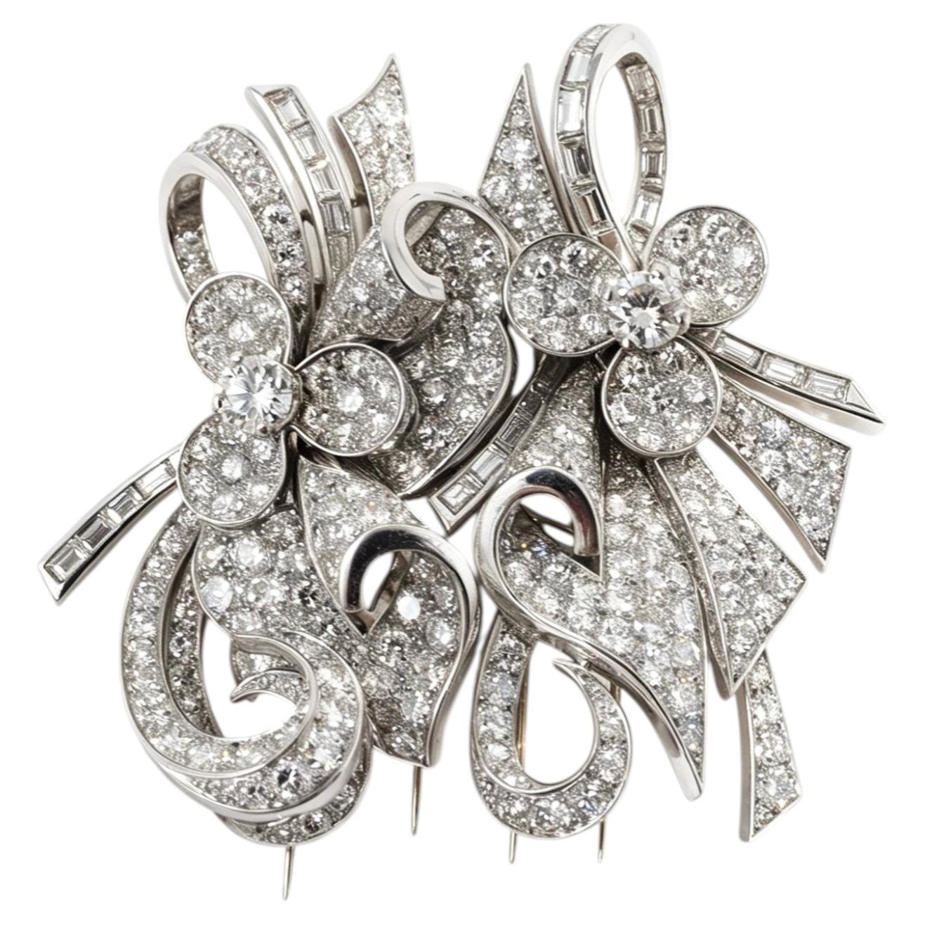 1940s–1950s Diamond Double Clip Brooch in Platinum For Sale