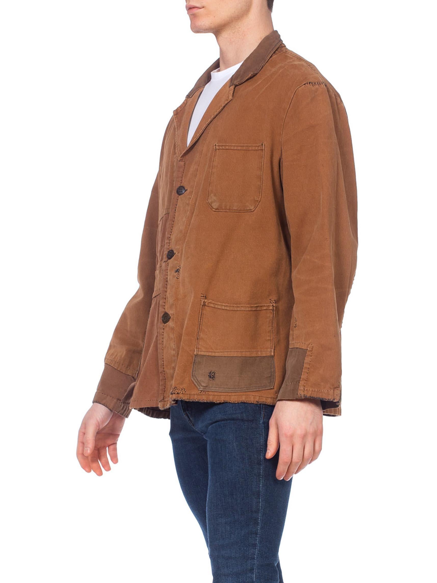 1940S Brown Patchwork Cotton Men's French Workwear Jacket In Excellent Condition For Sale In New York, NY