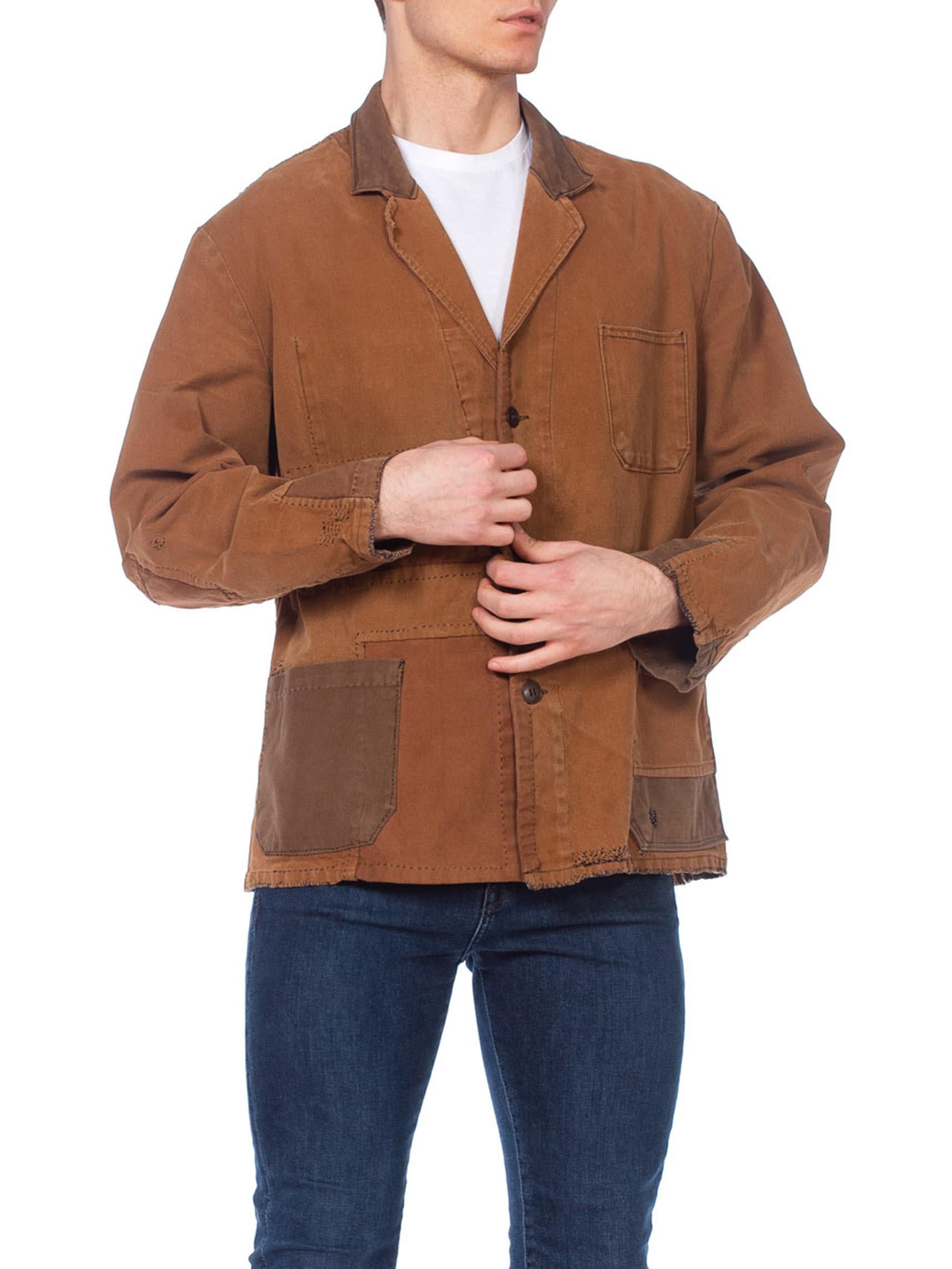 1940S Brown Patchwork Cotton Men's French Workwear Jacket For Sale 2