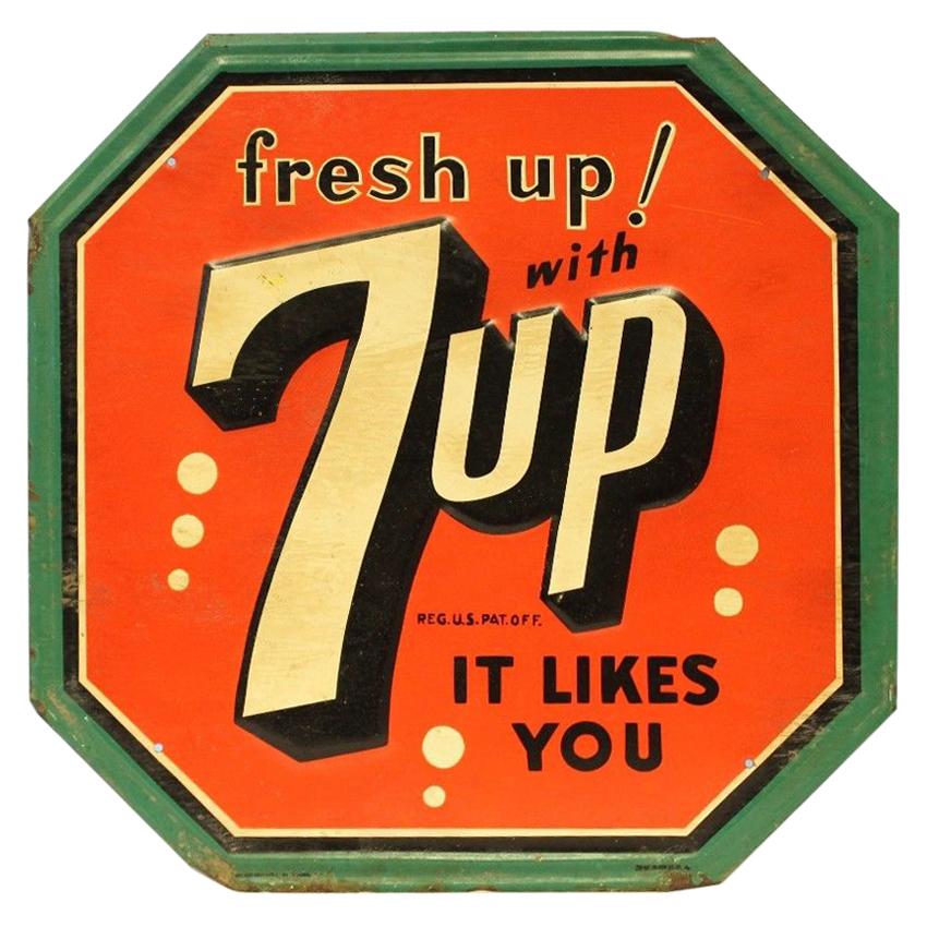 1940s-1950s Original 7up Soda Tin Advertising Sign For Sale