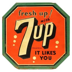 Used 1940s-1950s Original 7up Soda Tin Advertising Sign