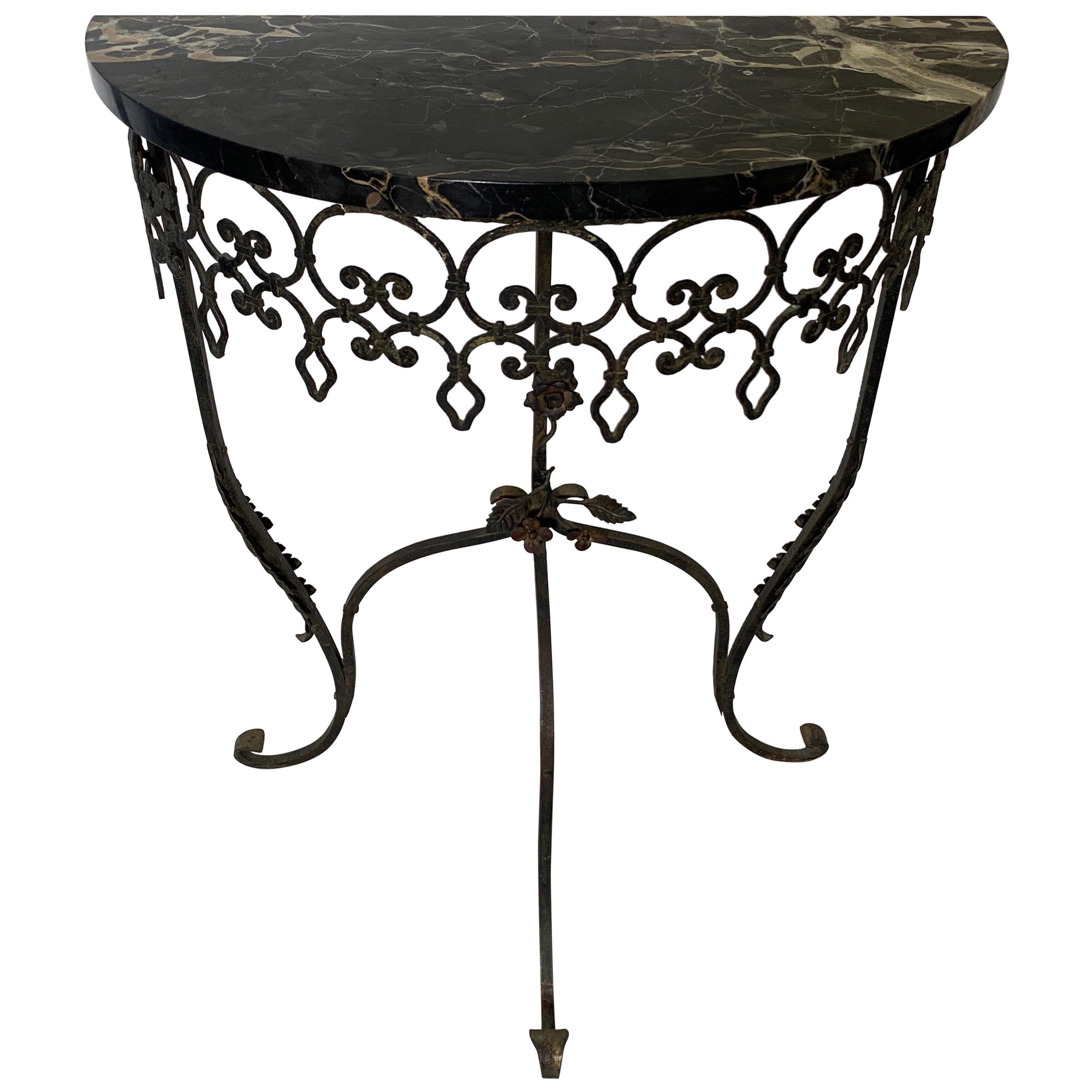 1930s Wrought Iron Marble Top Half Round Console Table