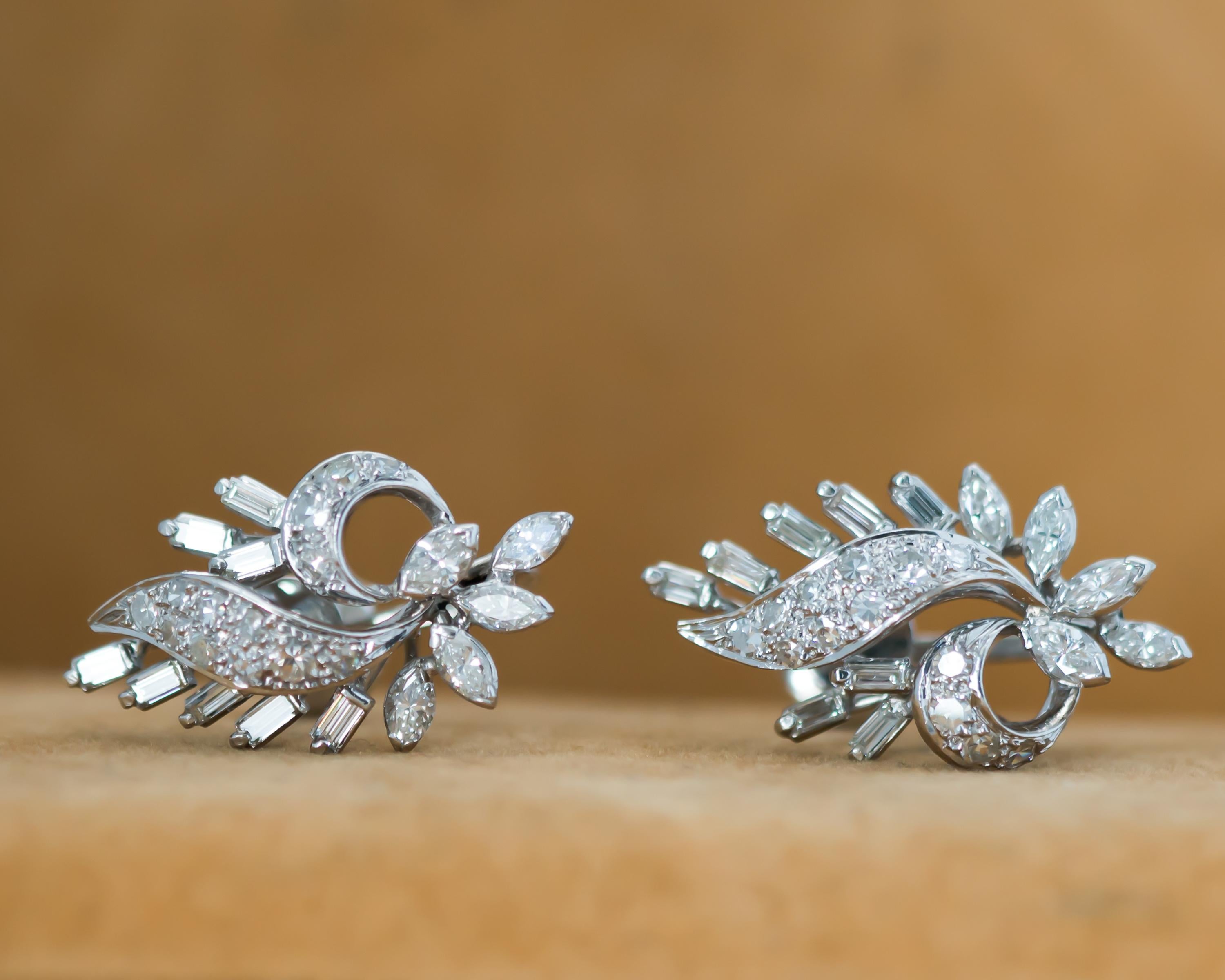 1940s 2 Carat Total Diamond, White Gold Floral Leaf Screw Clip-On Earrings In Good Condition For Sale In Atlanta, GA