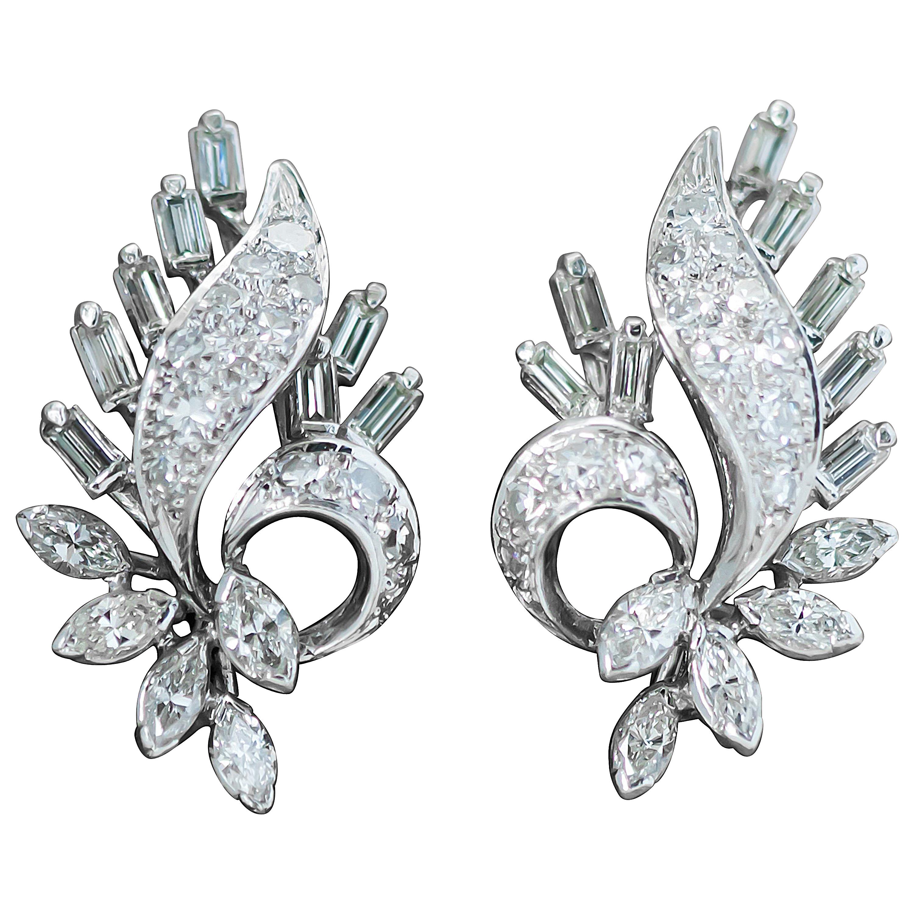 1940s 2 Carat Total Diamond, White Gold Floral Leaf Screw Clip-On Earrings For Sale