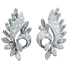 1940s 2 Carat Total Diamond, White Gold Floral Leaf Screw Clip-On Earrings