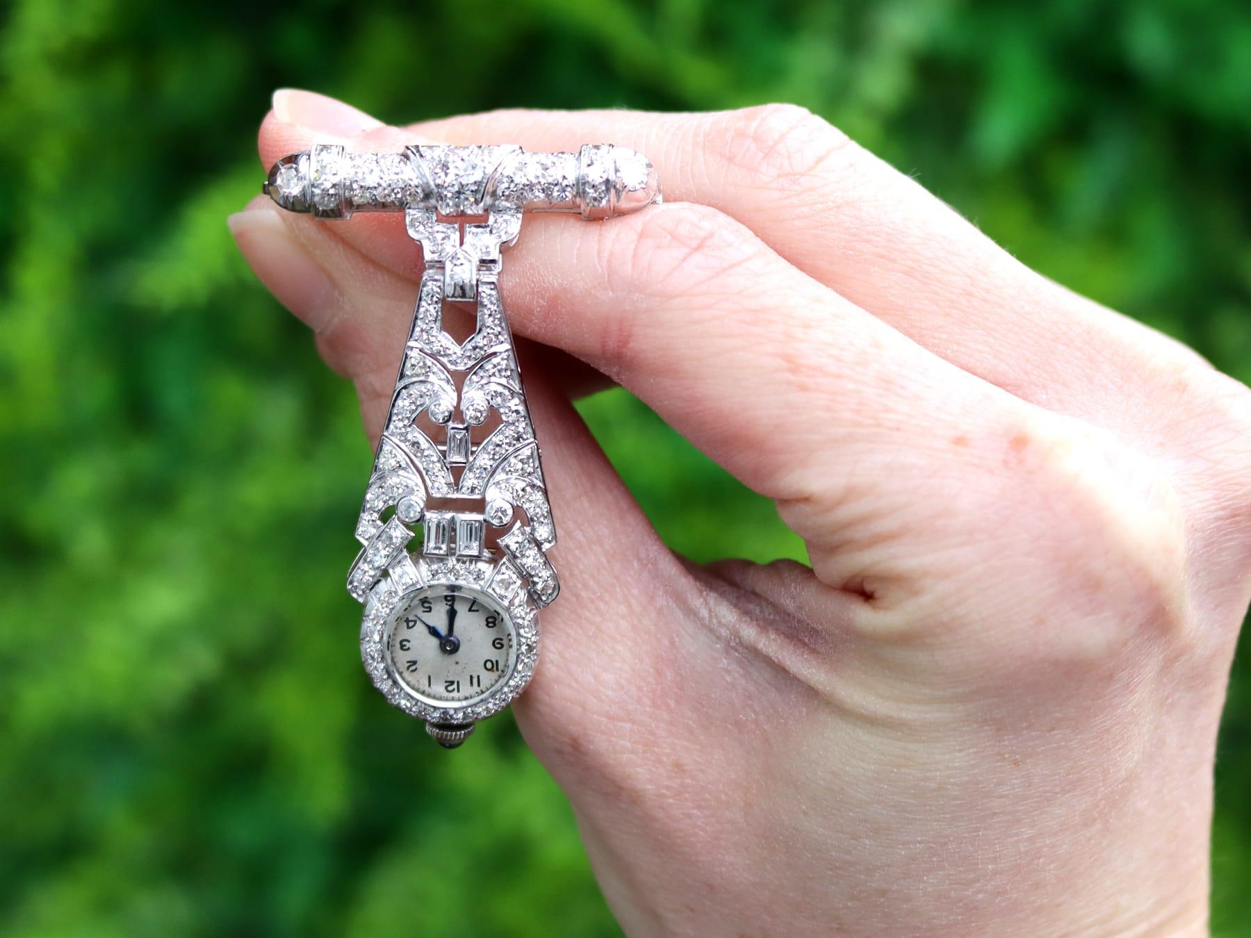 A stunning vintage Art Deco 2.04 carat diamond and platinum ladies fob watch brooch; part of our diverse vintage jewelry and estate jewelry collections.

This stunning, fine and impressive vintage diamond fob watch has been crafted in platinum.

The