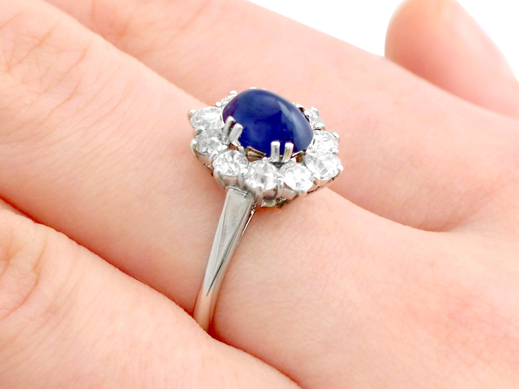 1940s 2.17 Carat Cabochon Cut Sapphire and Diamond Gold Cluster Ring For Sale 2
