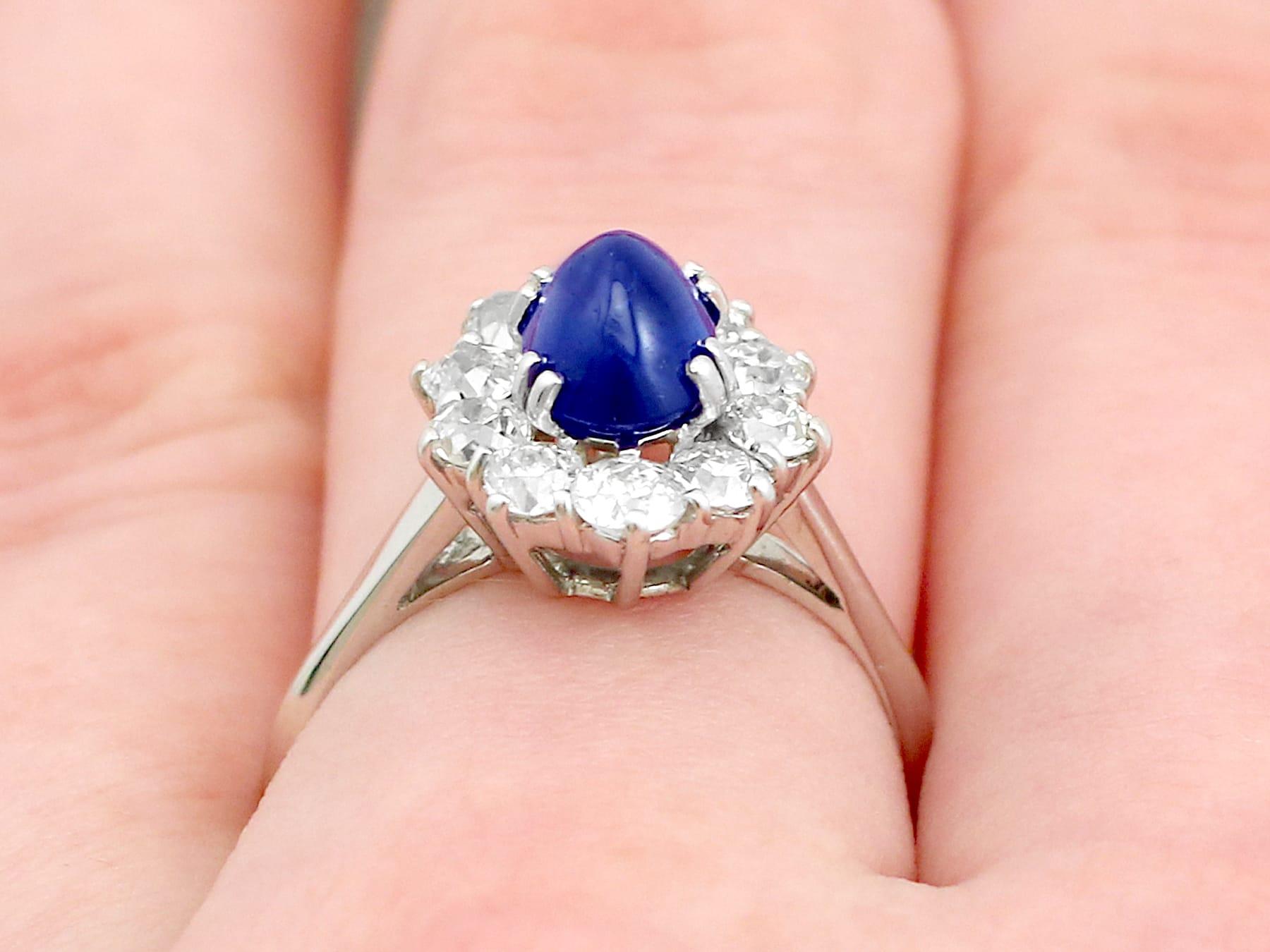 1940s 2.17 Carat Cabochon Cut Sapphire and Diamond Gold Cluster Ring For Sale 3