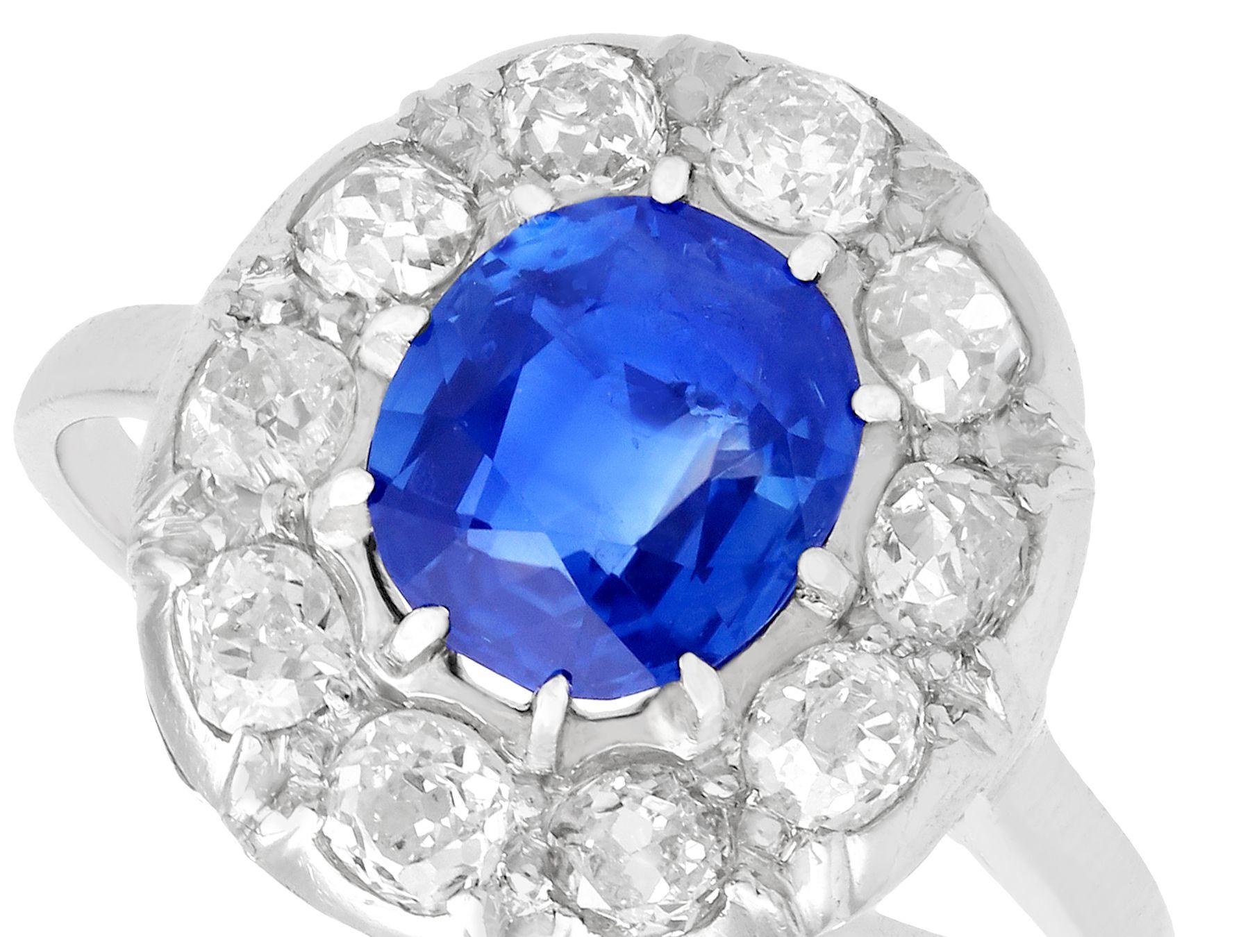 Round Cut 1940s 2.25 Carat Sapphire and Diamond Platinum Cocktail Ring For Sale