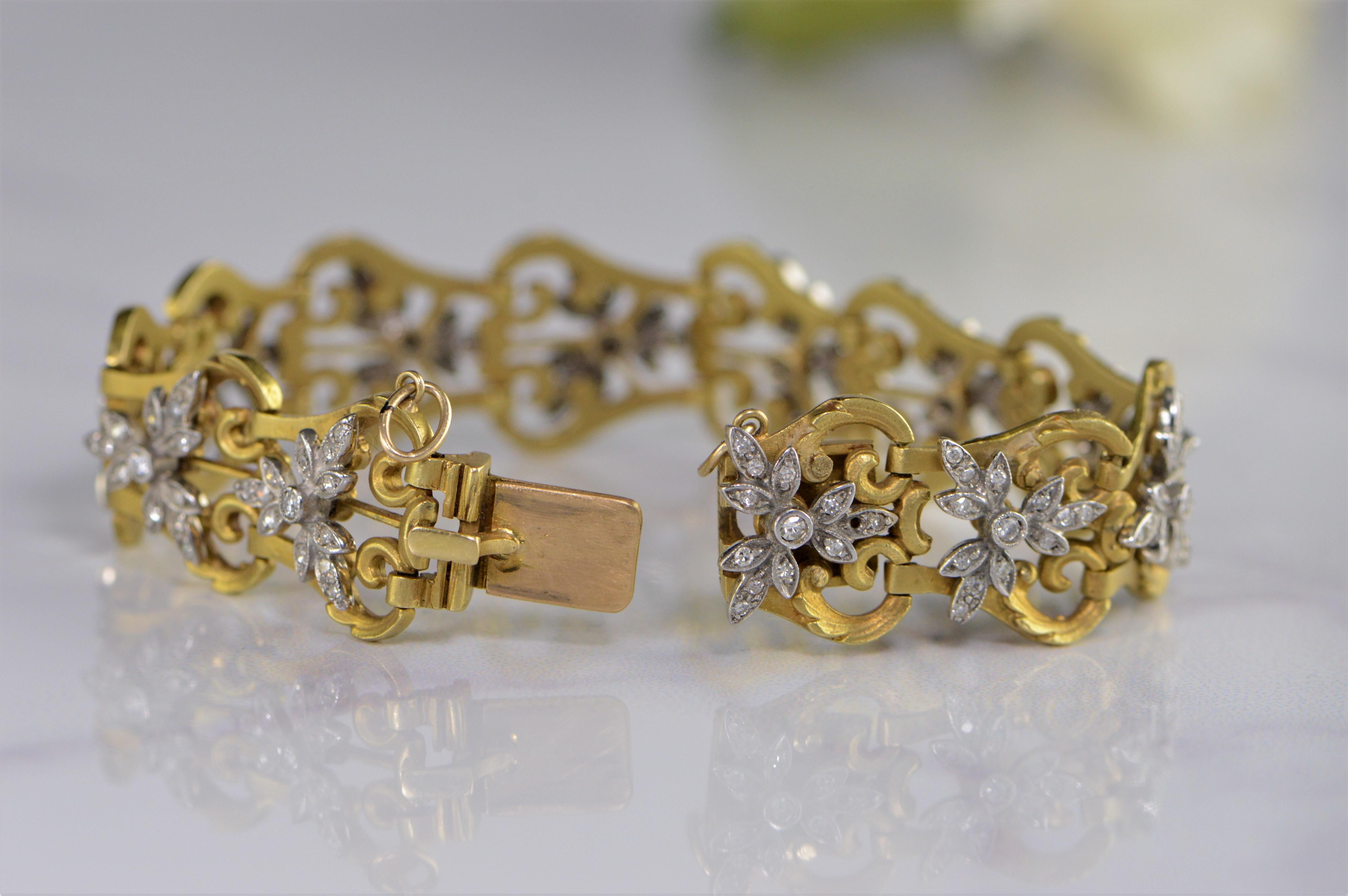 Women's 1940s 2.50 Carat Diamond Link Gold Bracelet For Sale