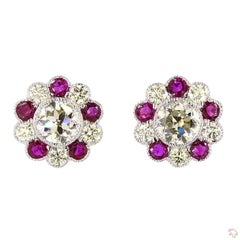 1940s 2.79 Carat Round Brilliant Cut Diamond Ruby Earrings