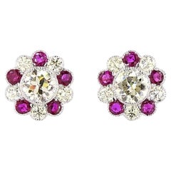 1940s 2.79 Carat Round Brilliant Cut Diamond Ruby Earrings