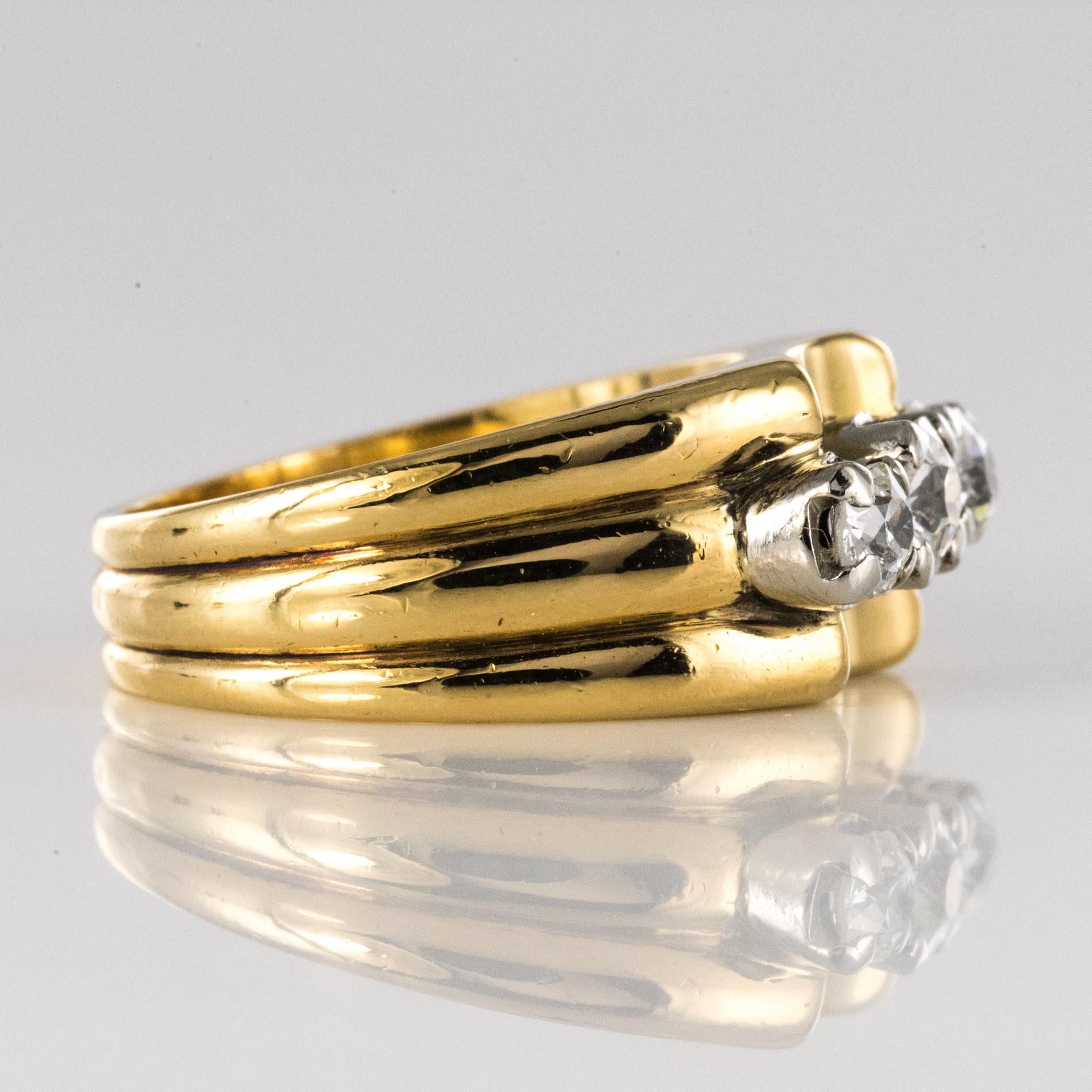 1940s 3 Diamonds 18 Karat Yellow Gold Platinum Tank Ring 4