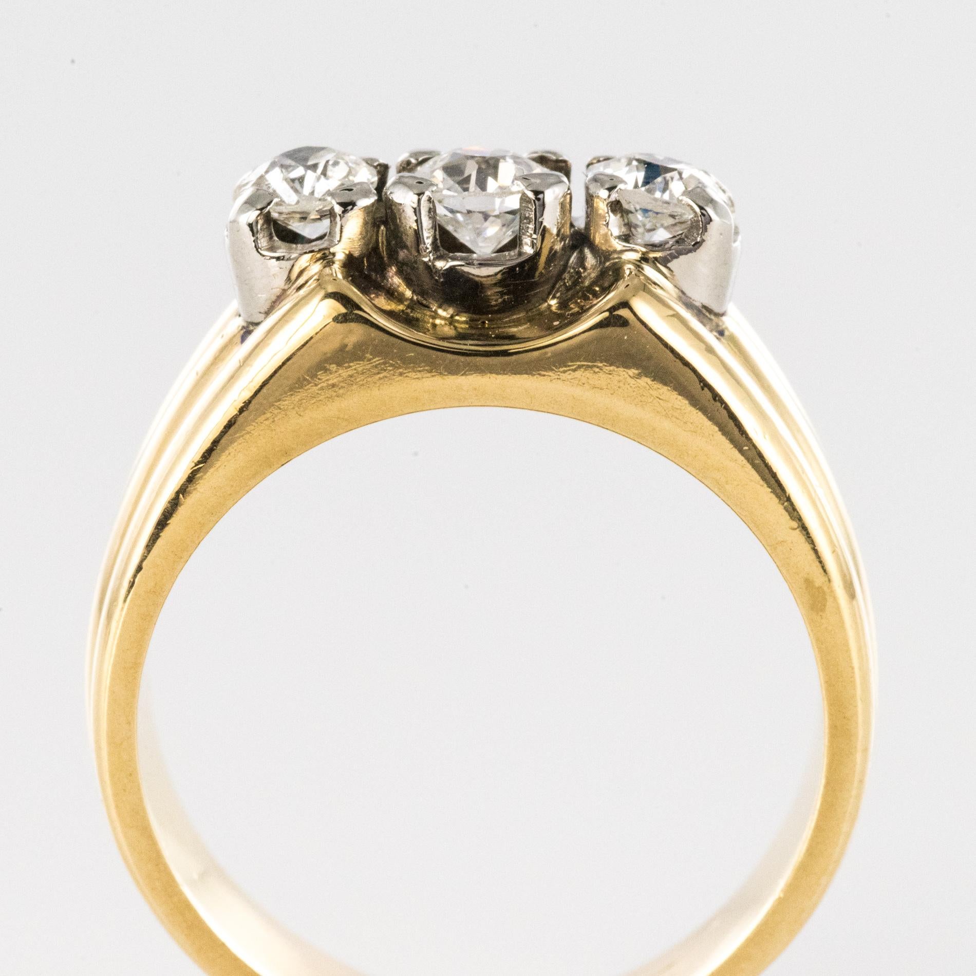 1940s 3 Diamonds 18 Karat Yellow Gold Platinum Tank Ring 5