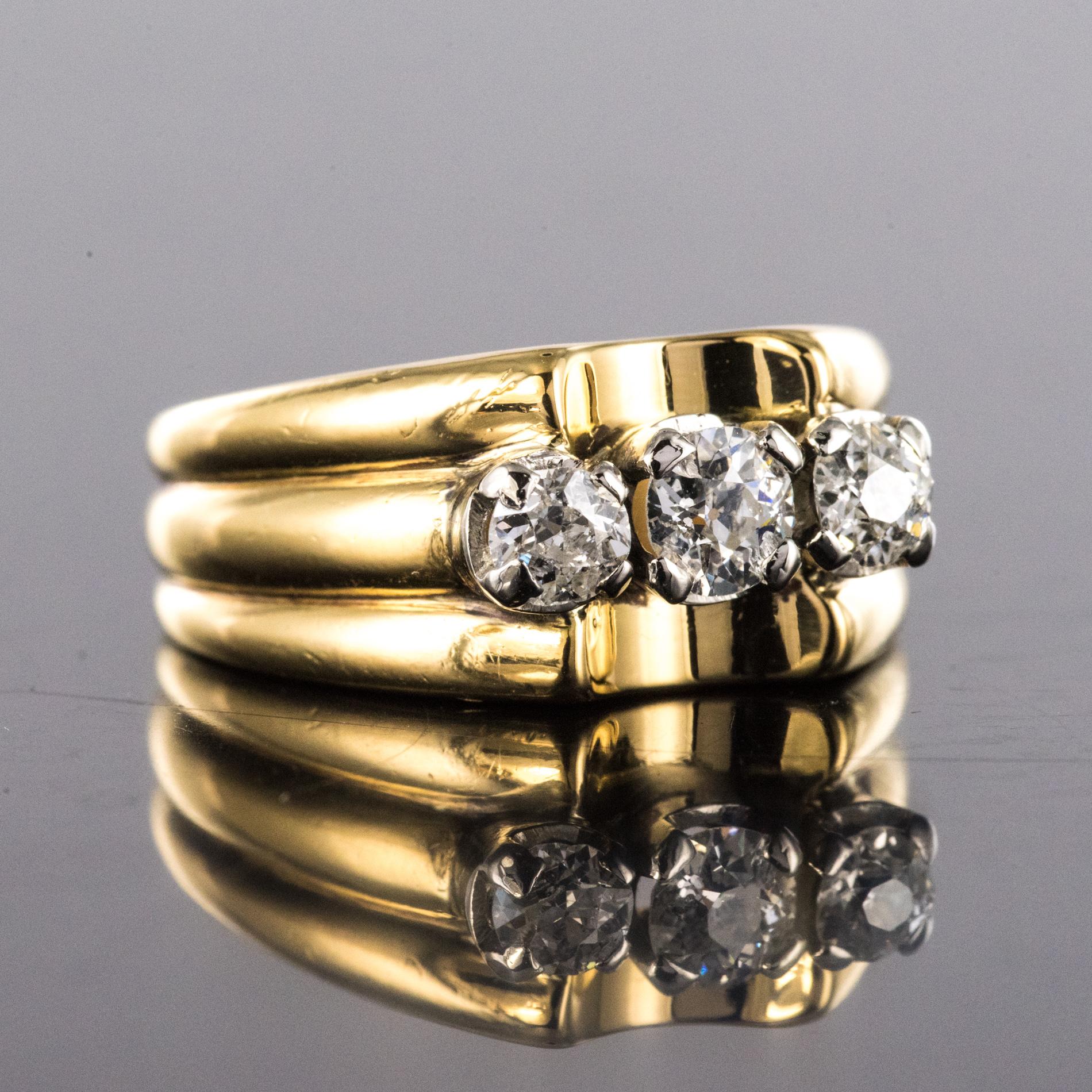 Brilliant Cut 1940s 3 Diamonds 18 Karat Yellow Gold Platinum Tank Ring