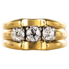 1940s 3 Diamonds 18 Karat Yellow Gold Platinum Tank Ring